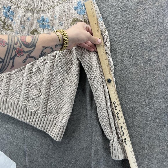 LL Bean Signature Sweater Womens XL Beige Floral Cable Knit Cotton Pullover - Picture 7 of 13